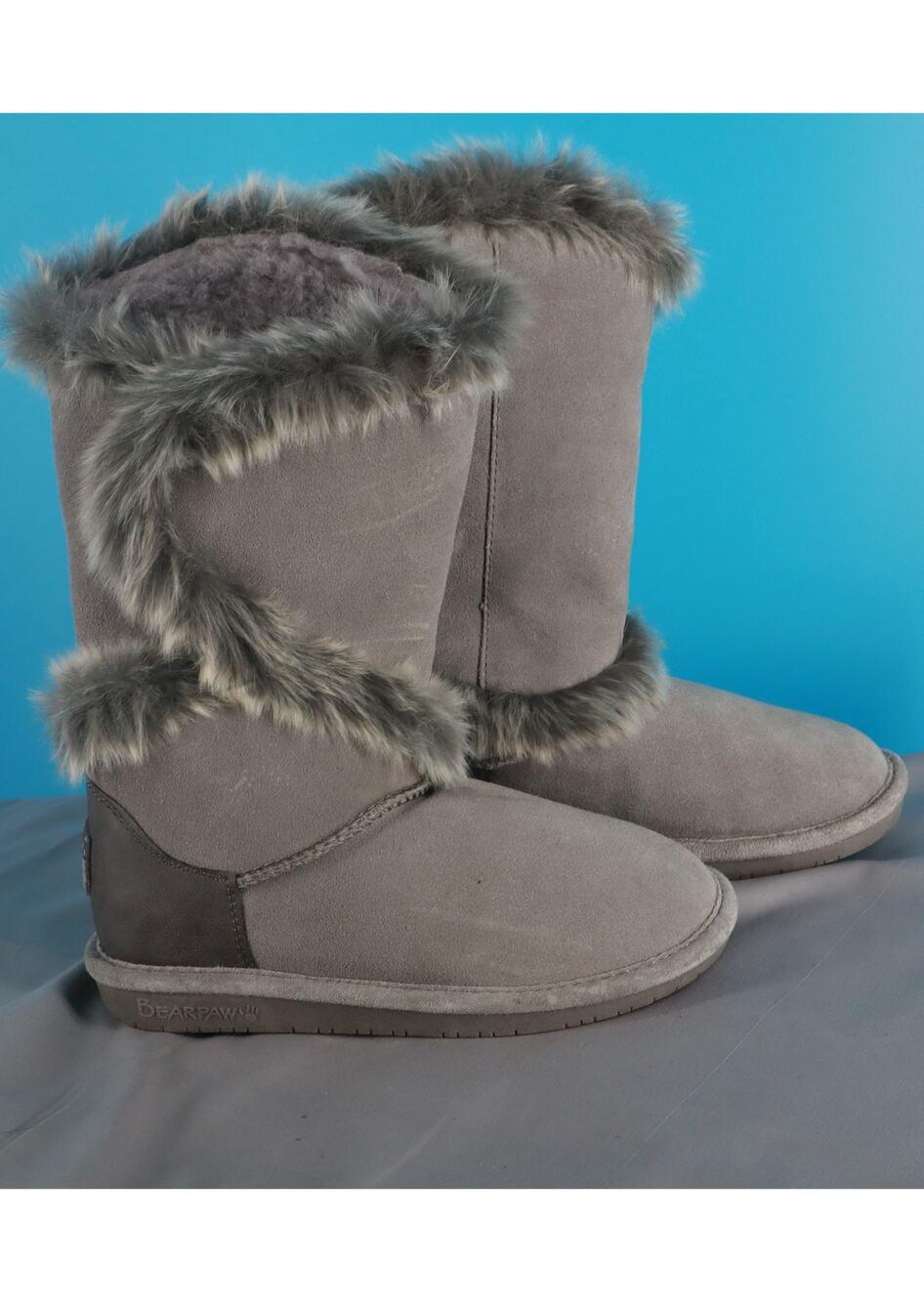 Bearpaw Women's Gray Faux Fur Winter Boots Suede Size 7 Warm Pull On